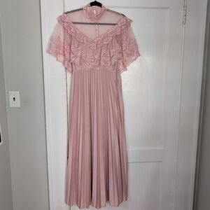 Vintage 70s Union Made Pink Lace Pleated Maxi Dress